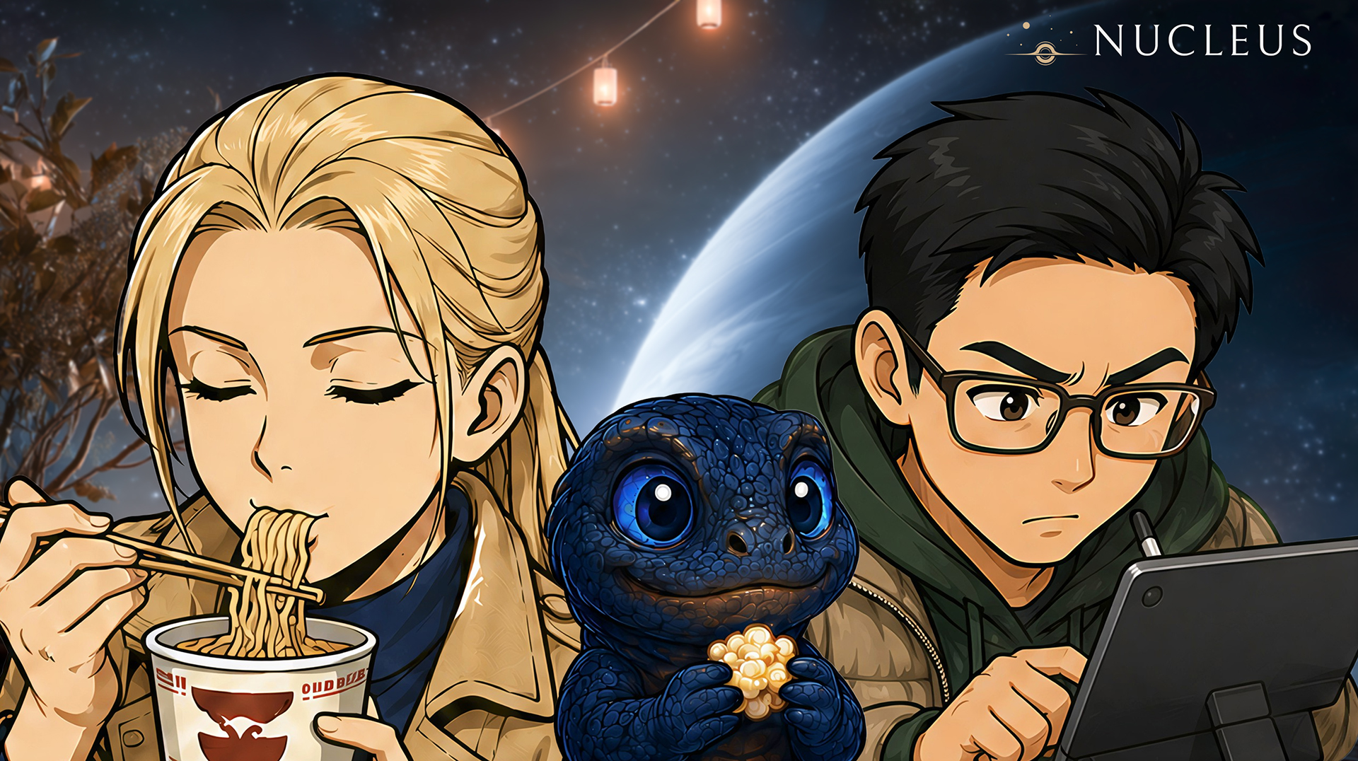 Sigrun slurping noodles, Håkon with a popcorn kernel and Xin at his tablet, under lanterns and a gas giant