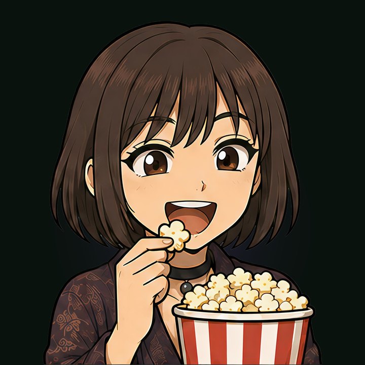 Fuuka Natsukawa, delighted, eating popcorn from a striped bucket