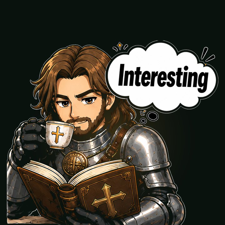 Marcus Thorne in armour, reading a book over a cup of tea, thinking: Interesting